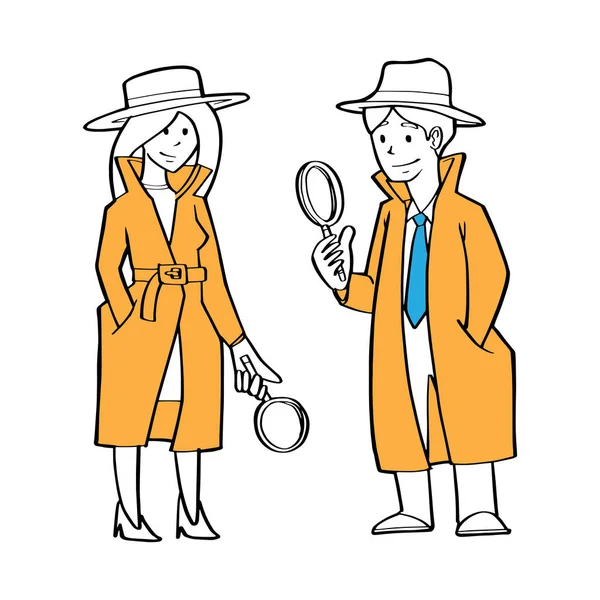 Un par de detective, hombre de negocios y mujer de negocios como detective sosteniendo vidrio de aumento, pista de búsqueda, concepto de problema de negocio . — Archivo Imágenes Vectoriales