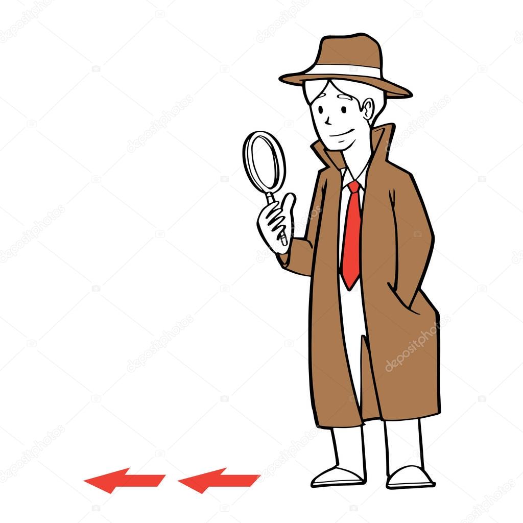 a businessman as detective holding a magnification glass, searching clue, business problem concept.