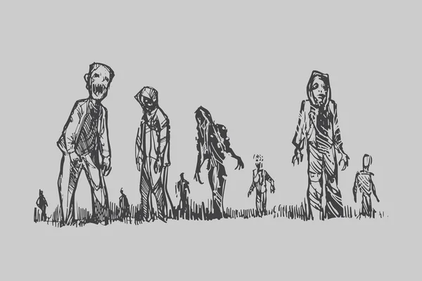 Konsep Halloween tentang zombie orang banyak berjalan di sekitar kota, vektor ilustrasi . - Stok Vektor