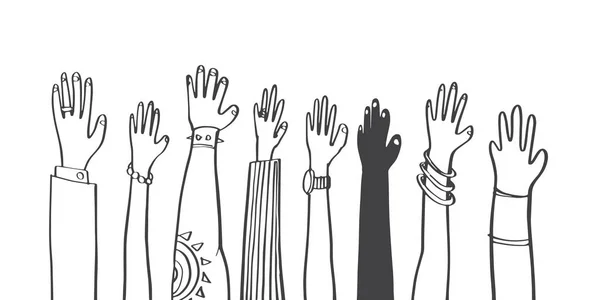 Colorful diversity people raised hands. illustrator vector flat design. — Stock Vector