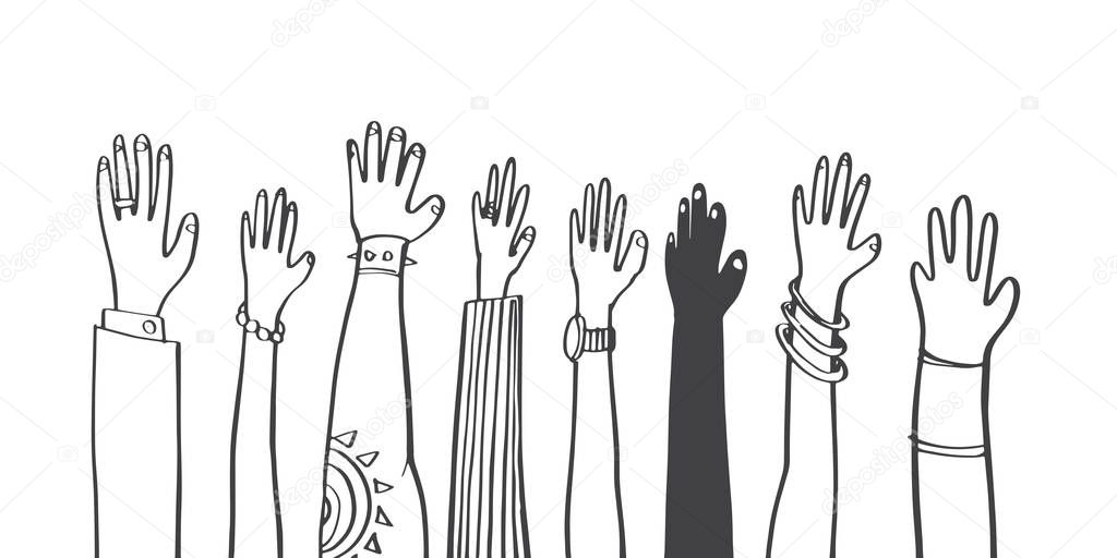 Colorful diversity people raised hands. illustrator vector flat design.