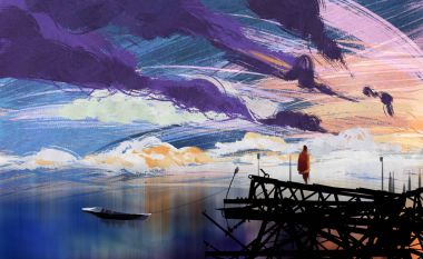 Terk edilmiş iskelede duran bir adam boyama dijital illüstrasyon sanat