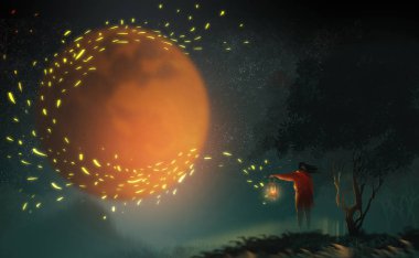 Dijital illüstrasyon sanat resim tarzı lamba tutarak ve tepe, büyük kırmızı ay ve güçlü Rüzgar lamba için duran güzel kadın var uzun saç birçok gece yarısı gökyüzü toz yangın.
