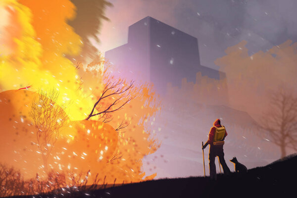 A man and dog standing among forest fire burning, digital illustration painting.
