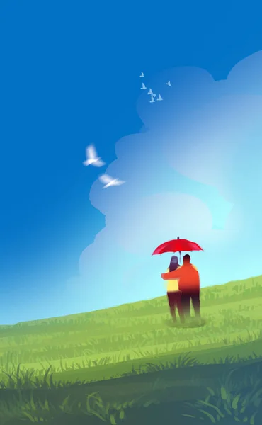 Стиль цифрової ілюстрації живопису пара коханець під червоною парасолькою в зеленому полі або лузі, білі птахи в блакитних і пухнастих хмарах. кохання, концепція дня Валентина . — стокове фото