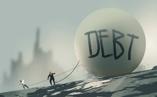 Digital art painting illustration style : businessmen chained with big debt ball on a mountain. — Stock Photo, Image