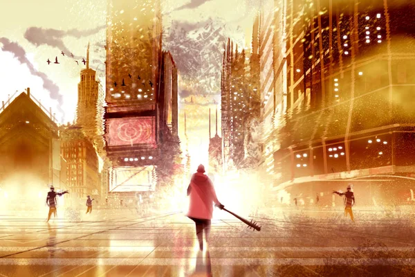 Ein Mann mit Schlagwaffe und zu Fuß gegen viele Zombies in verlassener Stadt, digitale Illustrationsmalerei. — Stockfoto