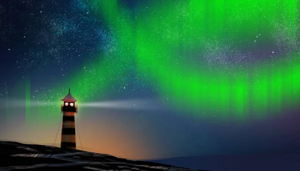 Un faro en la noche estrellada y la luz del norte, pintura de ilustración de arte digital . — Foto de Stock