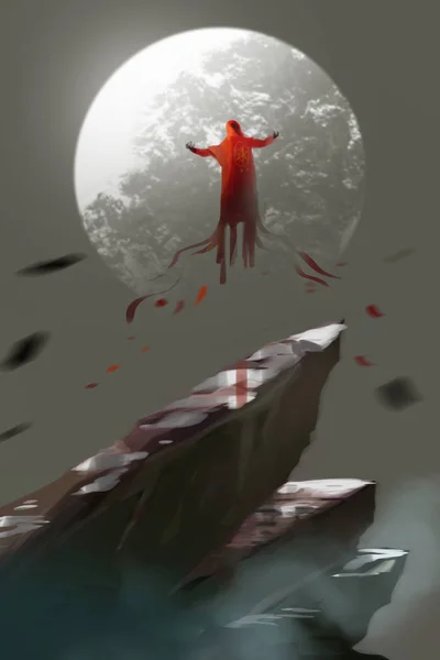Ein Zauberer mit rotem Mantel, der in der Luft fliegt, der Mond über der Bergspitze, digitale Illustrationsmalerei. — Stockfoto