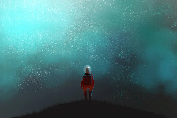 Астронавт, що стоїть на вершині гори і дивиться на нічне небо, багато зірок в тумані, ілюстрація цифрового мистецтва . — стокове фото