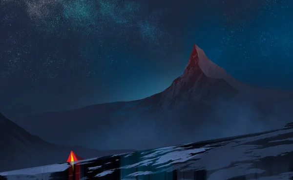 Digital illustrasjonsmalestil: et rødt telt av turister, fotturer i dalens utsikt, snøfjell og mange stjerner på midnattshimmelen, eventyrkonsept . – stockfoto