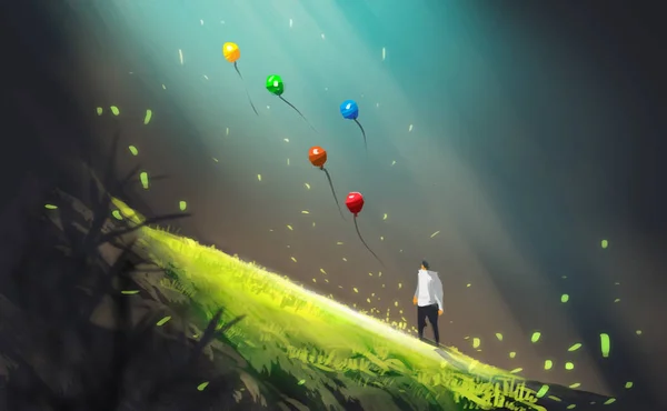 Pintura de arte ilustração digital estilo um homem e muitos balões de ar coloridos em caverna grande ou geotérmica, feixe de luz acima do campo verde. liberdade, que seja conceito . — Fotografia de Stock