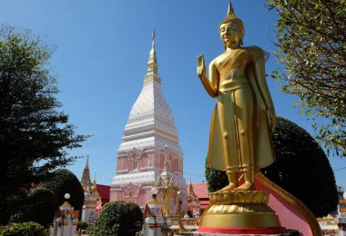 Kuzey-Doğu Tayland Nakhon Phanom, Tayland 'daki Renu Nakhon Tapınağı' ndaki Budist tapınağı heykellerinin güzel bir manzarası..