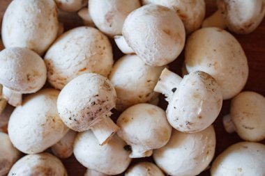 Champignon mantar, mat ve baharat ahşap zemin üzerine çuval bezi