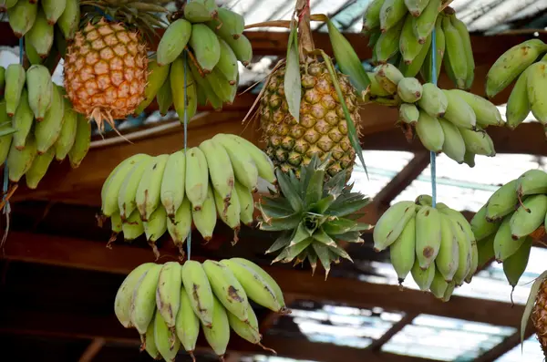 Abacaxis e banana cultivada pendurados em Greengrocery ou Vege — Fotografia de Stock
