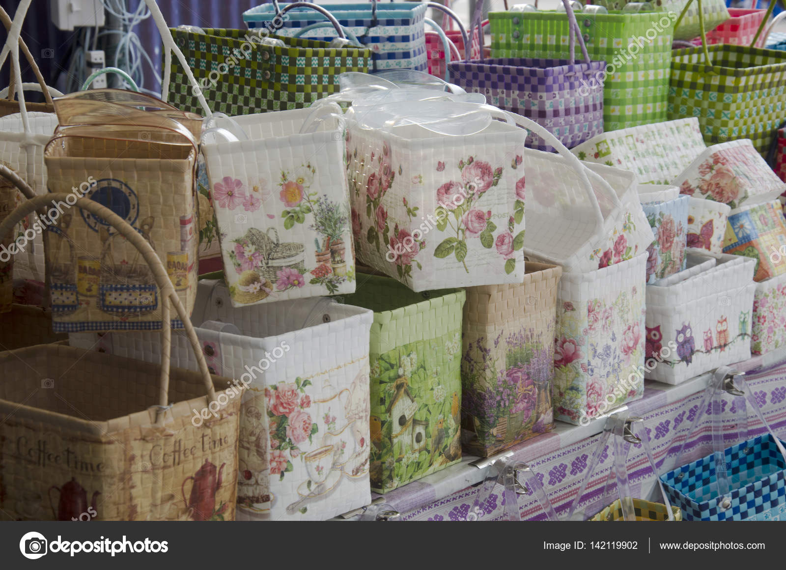 Woven decoupage handbags from plastic line \u2013 Stock Editorial