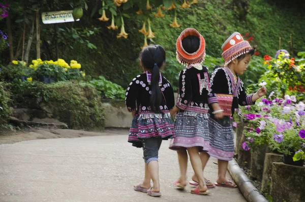 Niños étnicos Hmong llevar traje tradicional y jugar con —  Fotos de Stock