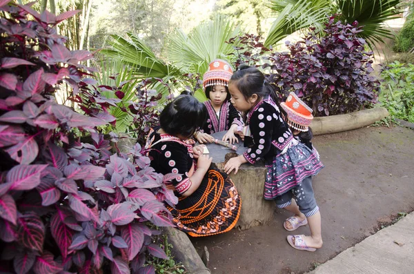 Kinderen etnische Hmong draag kostuum traditionele en spelen met — Stockfoto