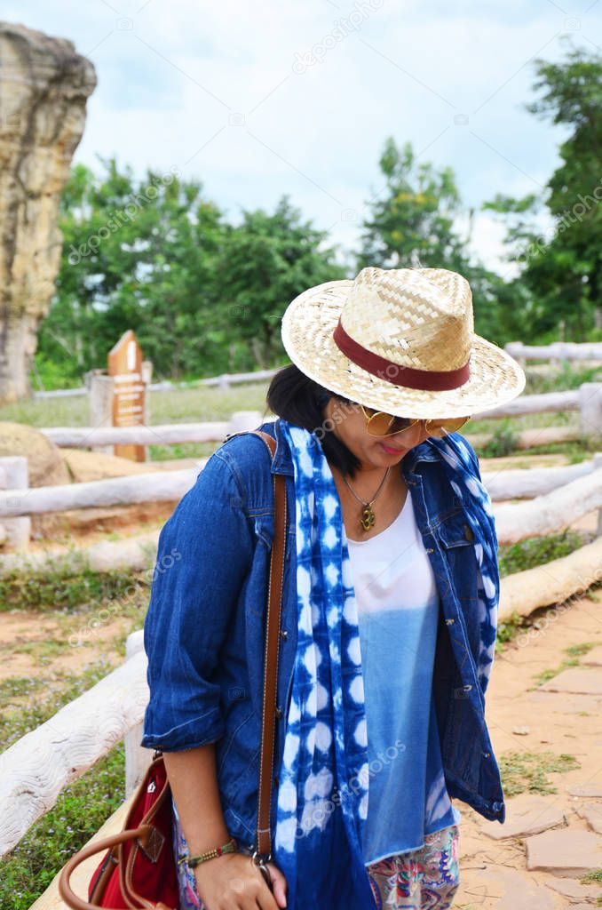 Thai women people travel and posing shooting photo with Mor Hin 