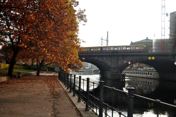 Vue paysage de jardin avec des réseaux de tramway en automne à — Photo