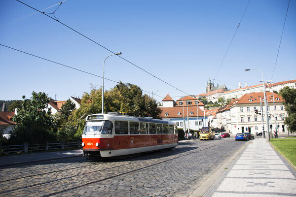 Czechia people and foreigner travelers use retro tramway got to 