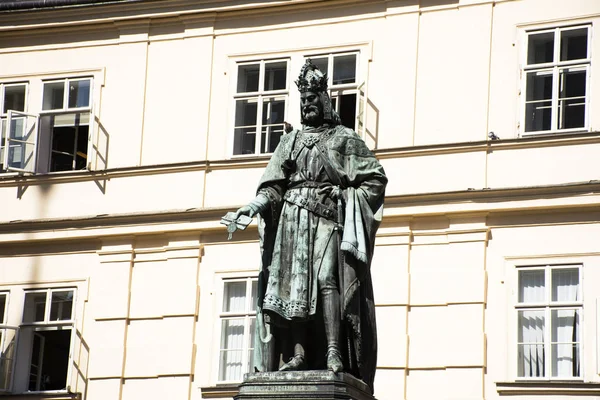 Tschechische und ausländische Reisende karel iv. Denkmal oder Statue — Stockfoto