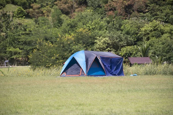 Travelers people build tent camping on grass field for rest and
