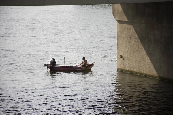 Peuple allemand pêche et pêche à la ligne dans la rivière Neckar sous pont — Photo