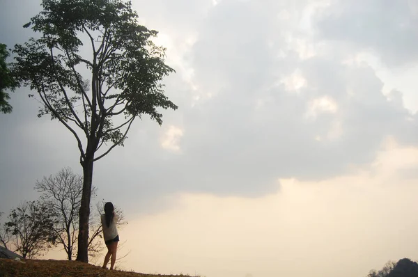 Asiático tailandês mulheres viajantes stand sozinho sob árvore para olhar su — Fotografia de Stock