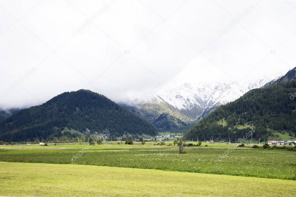 View landscape of mountain and grass field beside road near haid