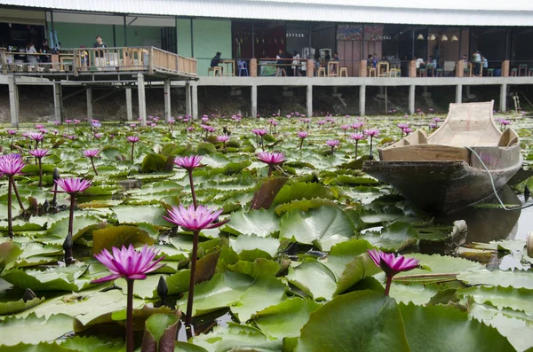 Bateau en bois flottant pour les voyageurs qui rament avec lotus rouge — Photo