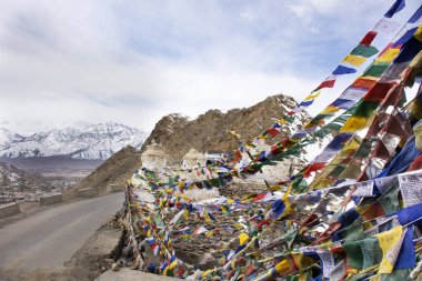 Hintli ve Tibetli Th dağına dua ve kutsanmış bayraklar bağladılar