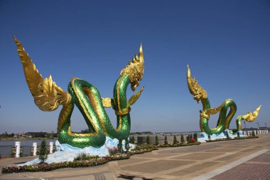 Landmarks and viewpoint with Naga statue of Nongkhai city at riv
