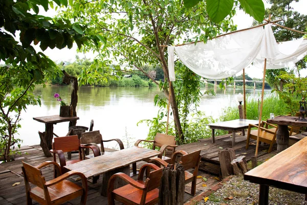 Patio Terasz Folyópartján Mae Khlong Vagy Meklong Folyó Retro Vintage — Stock Fotó