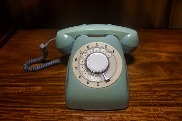 Antique Vintage Retro Klasyczny Telefon Jasny Zielony Kolor Sypialni Hotelu — Zdjęcie stockowe