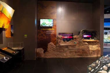 Kalasin, Tayland - 2 Ekim 2019 'da Sirindhorn Müzesi' nde Dinozor Modeli ve Phu Kum Khao Dinozor Kazısı Sahatsakhan 'da insanların 2 Ekim 2019' da Kalasin, Tayland 'da ziyaret ettiği gezginler için