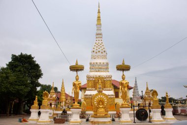 Pagoda ya da Wat Phra Stupa Yabancı gezginler ve Taylandlılar için Phanom Tapınağı ziyaret ve dua eden altın Buda heykeli ve Tayland Nakhon Phanom 'da Buda' nın kutsal emanetleri.
