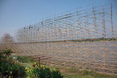 Taylandlı işçiler, Tayland 'ın Nakhon Phanom kentindeki Mekong nehrinin nehir kıyısındaki etkinliklere katılmak için Aydınlatılmış Tekne Töreni veya Lai Reua Fai festivalinde bambu teknesi inşa ettiler.