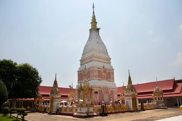 为外国游客和泰国人而设的Wat Phra Renu Nakhon寺庙的粉色和白色塔或佛塔参观并尊重在泰国Nakhon Phanom的佛塔和佛塔遗址 — 图库照片