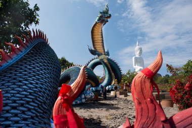 Tayland 'ın Mukdahan kentindeki Mukdahan Milli Parkı' na seyahat ve ibadet eden yabancılar için Wat Roi Phra Phutthabat Phu Manorom 'daki büyük mavi Naka ve beyaz Buda heykeli.