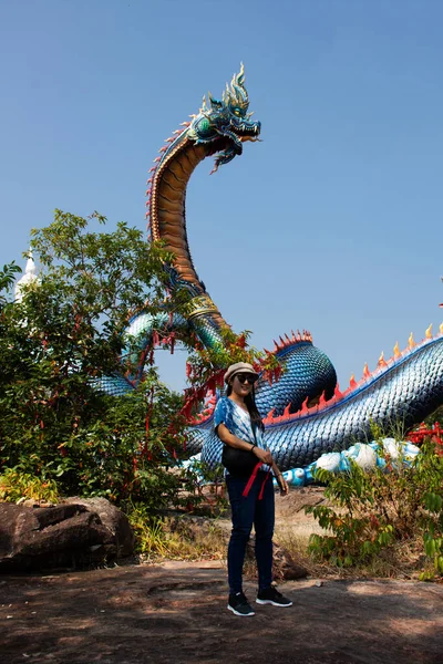 Voyageurs Thai Women Travel Visit Posing Portrait Respect Praying Naka — Photo