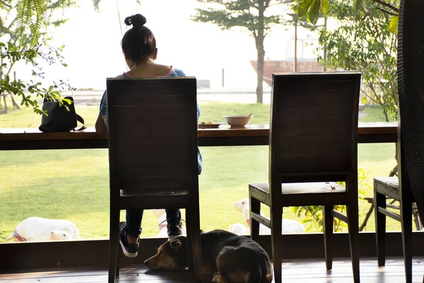 Silhouette Travelers Thai Women Sitting Writing Eating Breakfast Terrace Dining — Stock Photo, Image