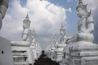 SAKON NAKHON, THAILAND - 2 Ekim 2019 'da Tayland' ın Sakon Nakhon kentinde bulunan Phu Phan 'a dua ederek seyahat eden insanlar için Wat Phrabuddhabat Nam Thip tapınağının Buda heykeli
