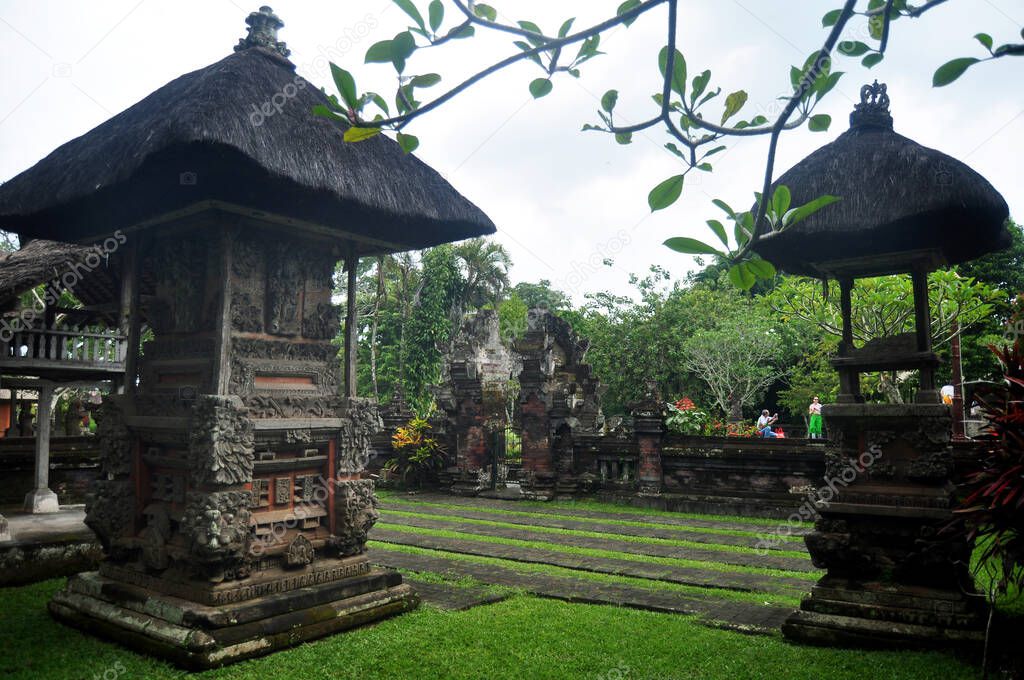 Ancient Meru towers of Pura Besakih temple significant Hindu archaeological site for travelers people travel visit and respect praying at Mount Agung city village in Bali, Indonesia