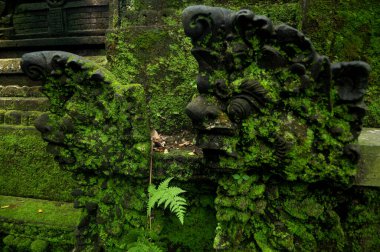 Sanat eseri ve oyulmuş antik tanrısal melek tanrı Mandala Suci Wenara Wana ya da Endonezya 'nın Bali kentindeki Ubud Kutsal Maymun Ormanı Sığınağı' ndaki Hindu heykelinin bale tanrısı.