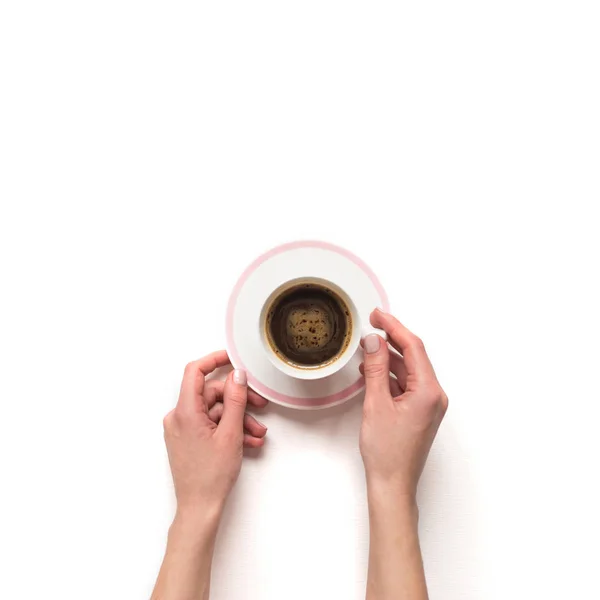 Female(Woman) elini tut bir beyaz espresso fincan kahve izole ile