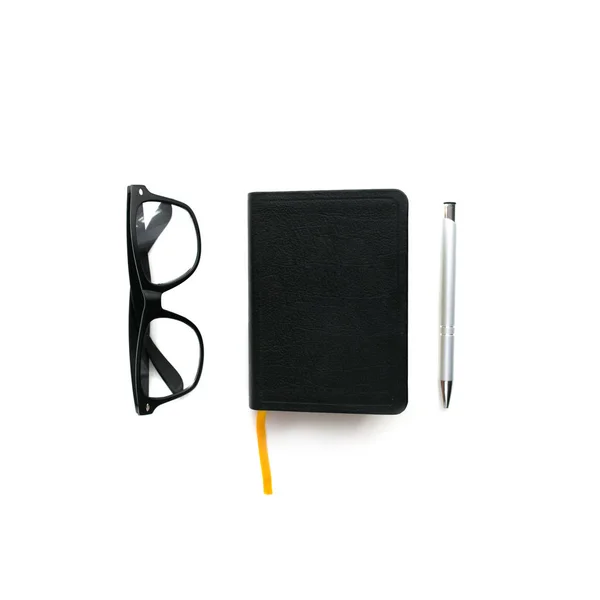 Desktop notebook, glasses and pen. top view, flat lay — Stock Photo, Image