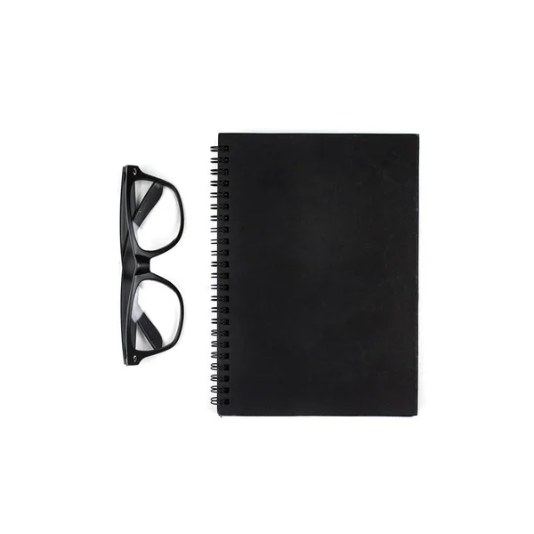 Desktop notebook, glasses and pen. top view, flat lay — Stock Photo, Image