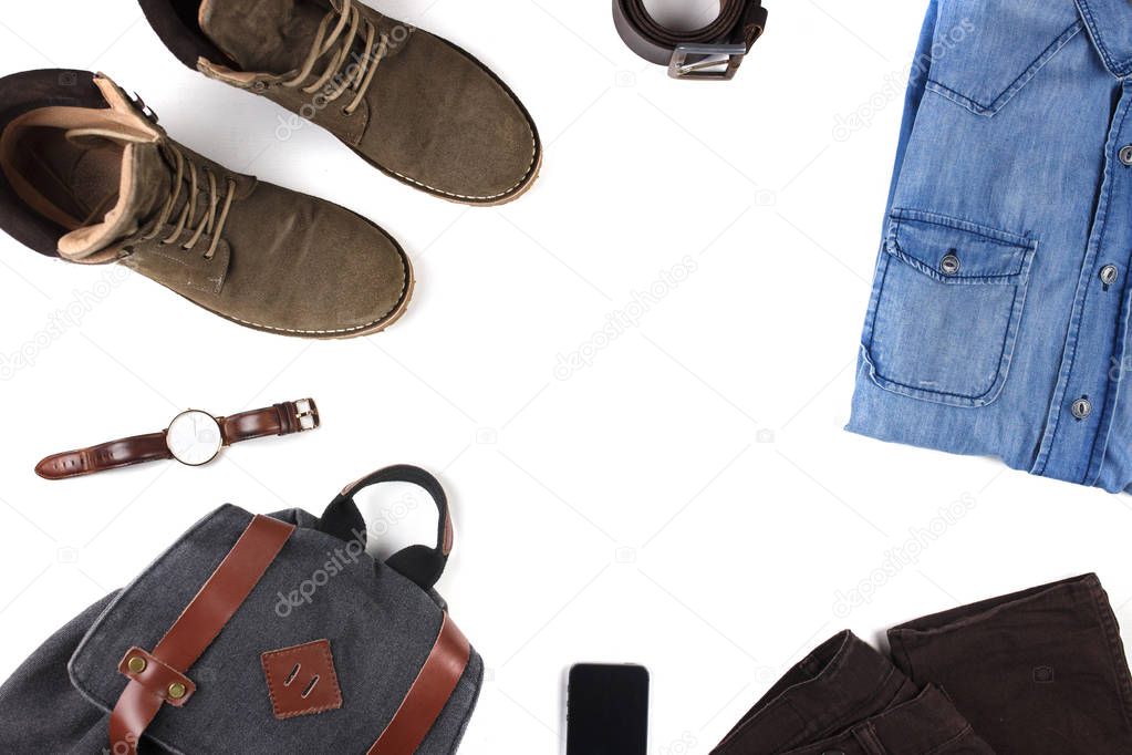 Men's casual outfits with man clothing and accessories on rustic