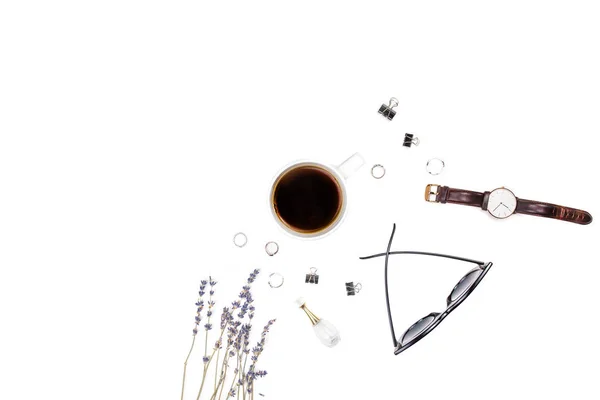 Workplace for the desktop with lavender, glasses, clock, rings a — 스톡 사진